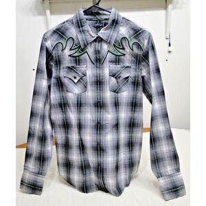Cruel Girl Women's‎ Western Shirt XL Black Green Plaid Pearl Snap Rodeo Top